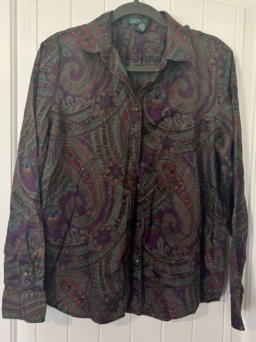 Lauren Ralph Lauren Paisley Blouse XL Purple Cotton Button Down Boho Preppy Top